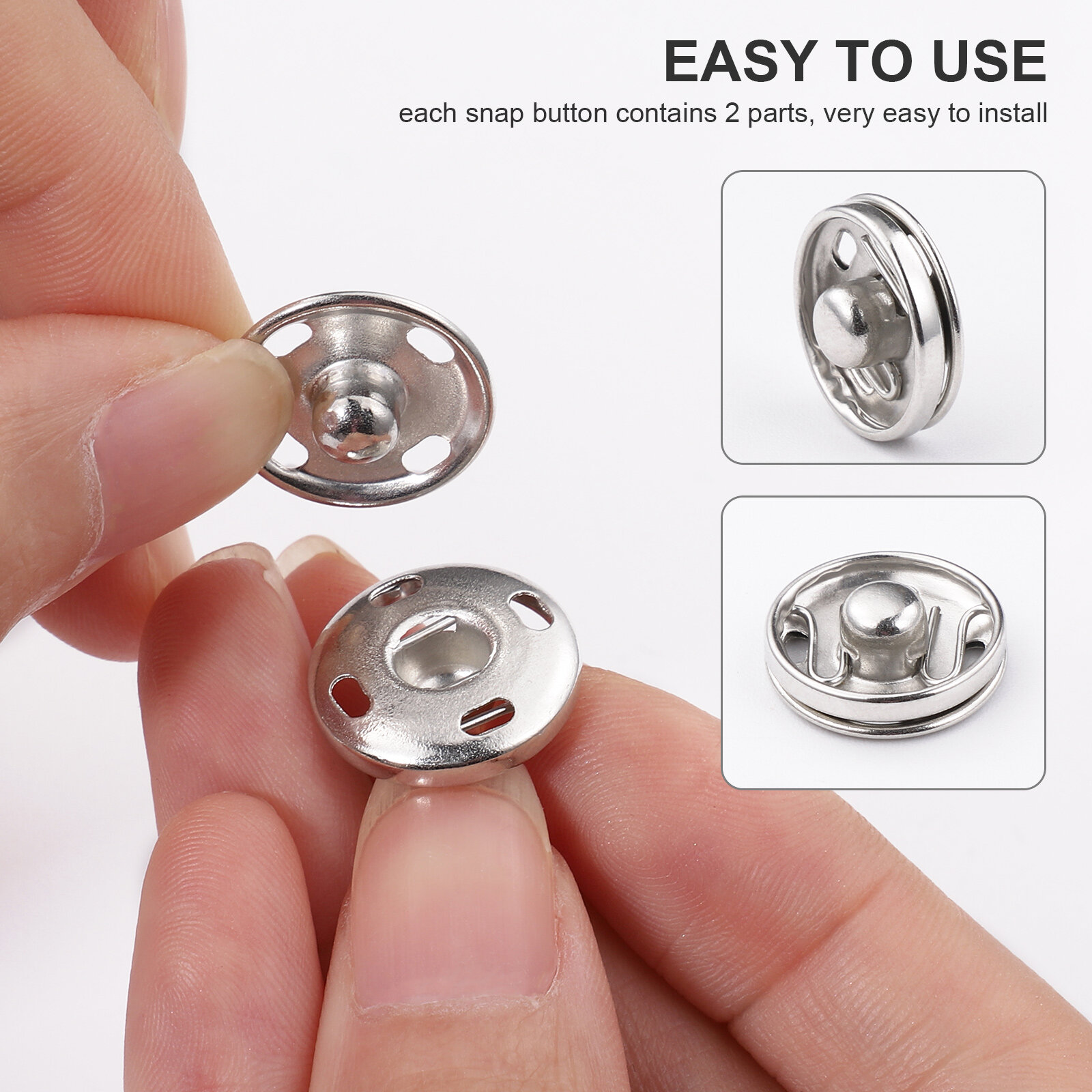 ROSENICE 50 Sets Sew On Snaps Buttons Metal Snaps Fasteners Press Studs  Buttons 2 Parts Brass Press Fasteners Round DIY Craft Accessory  (15mm-Silver) 